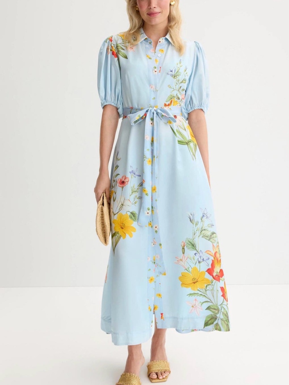 Light Blue Floral Midi Shirt Dress with Puff Sleeves